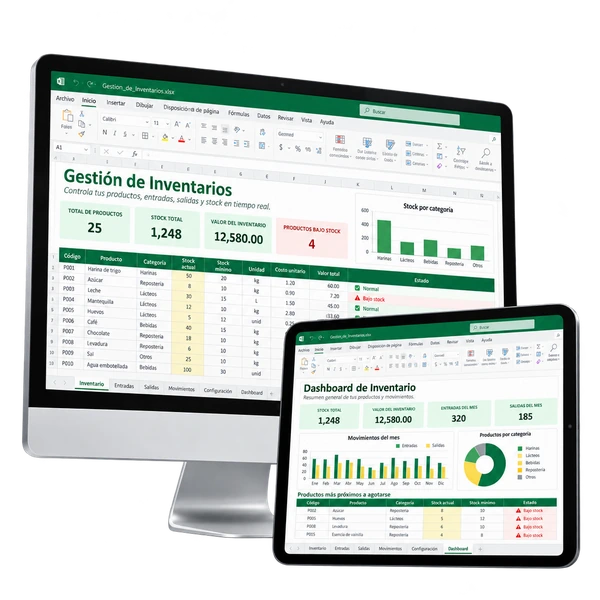 Gestión de Inventarios abierta en Excel en monitor de escritorio y tablet