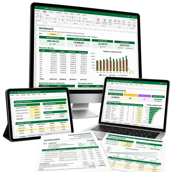 Radar Financiero Pro y sus bonos mostrados en computadora, notebook, tablet y hojas impresas