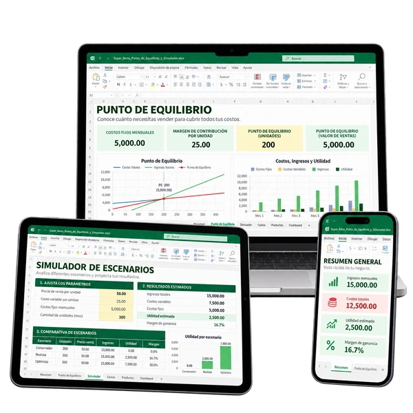 Super Bono de Punto de Equilibrio y Simulador de Escenarios abierto en Excel en laptop, tablet y smartphone